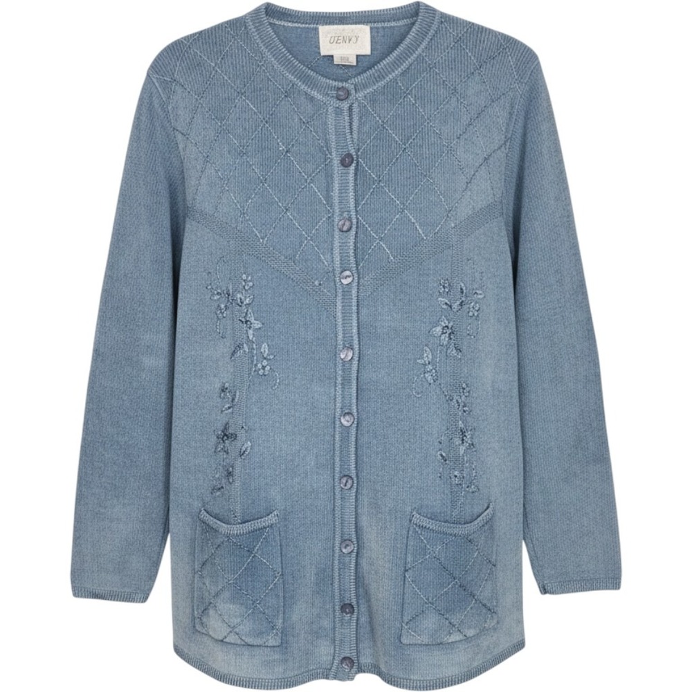 Jenny Cardigan Women XL Blue Floral Embroidered Acid Wash Vintage 90s Librarian